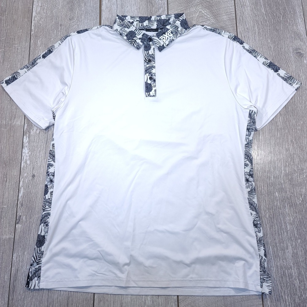 PXG Polo Shirt Mens XL White Floral Hibiscus Performance Golf Athletic Fit Top